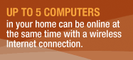 Up to 5 computers in your home can be online at the same time with a wireless Internet connection.